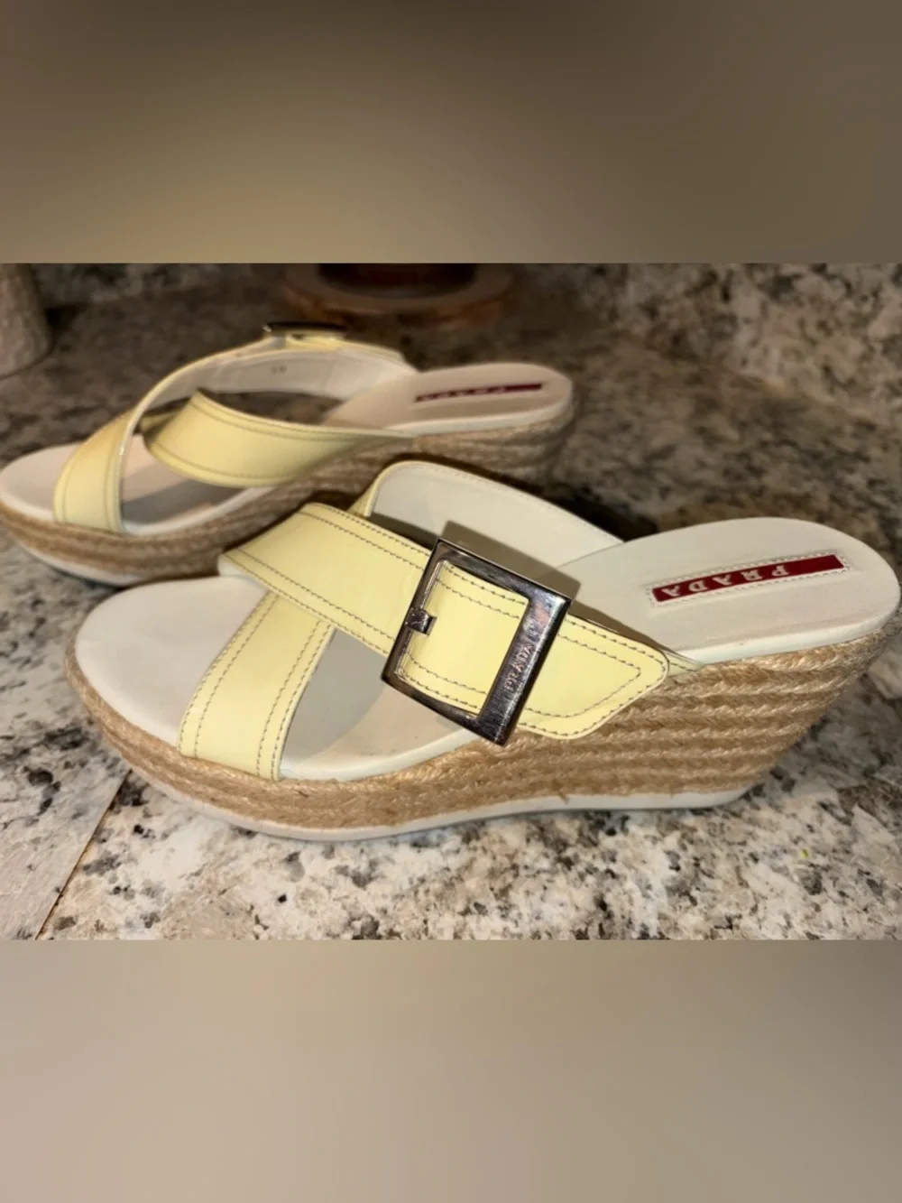 Prada Espadrille Wedge Sandals Yellow Leather Buckle Platform Made in Italy EUC